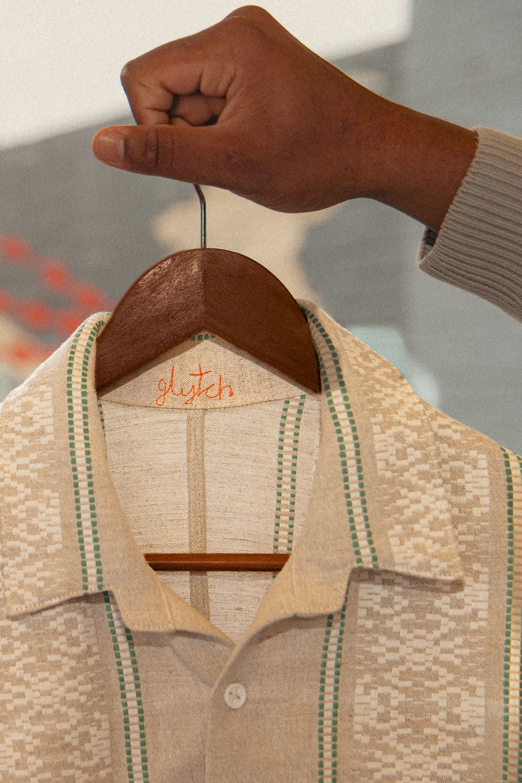 one off grey glytch shirt on hanger